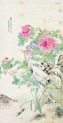 汤世澍（1831～1902） 1885年作 花卉 镜框 设色绢本