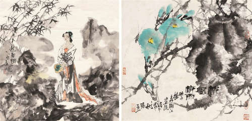 张勇 郭东健（b.1972） 2004年作；2005年作 花鸟 仕女 镜片 纸片 设色纸本