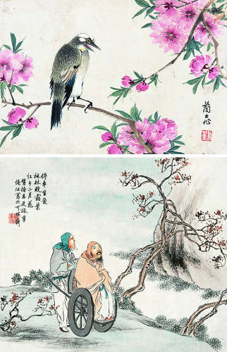 绳祖 方薰（1929～?） 人物花鸟 （二帧） 册页 设色纸本