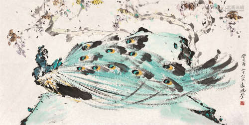 袁晓岑（1915～2008） 2003年作 紫藤孔雀 纸片 设色纸本