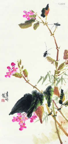 张书旂（1900～1957） 海棠天牛 立轴 设色纸本