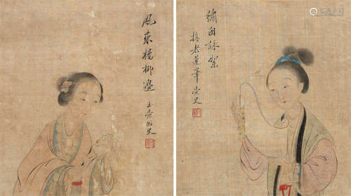 改琦（1773～1828） 仕女 （两帧） 镜框 设色绢本