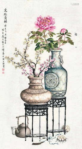 孔宣（1873～1926） 文窗清供 立轴 设色纸本