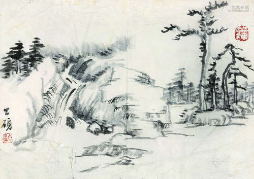 吴昌硕（1844～1927）（款） 山水 镜框 水墨纸本