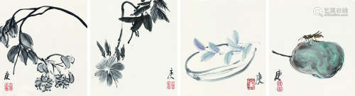 李庚（b.1950） 花卉 草虫 镜心 卡纸
