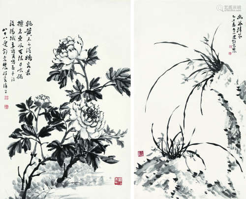 邓怀农（1894～1986） 1981年作；1985年作 花卉 （两帧） 立轴 水墨纸本
