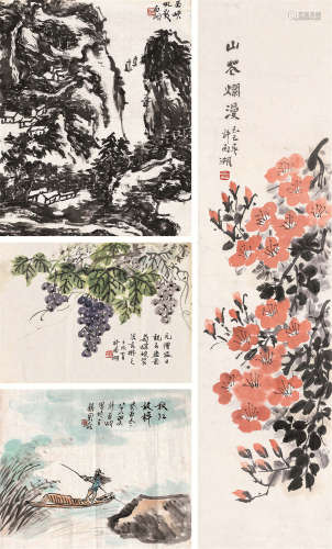 许南湖（1906～2000） 1982年作；1989年作；1993年作 山水花鸟 （四帧） 纸片 水墨 设色纸本