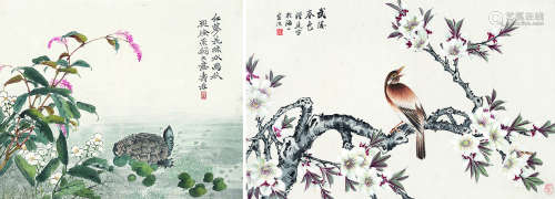 寿庄 汉庭（近现代） 花鸟 （两帧） 册页 设色纸本
