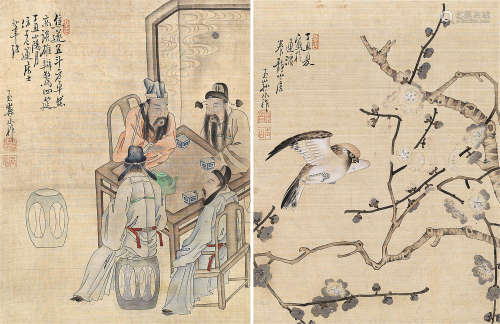 孙永祚（1557～？） 花鸟人物 （两帧） 册页 设色绢本