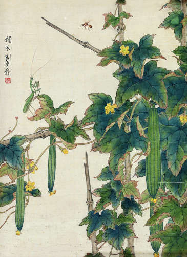 刘奎龄（1885～1967） 丝瓜草虫 镜框 设色绢本