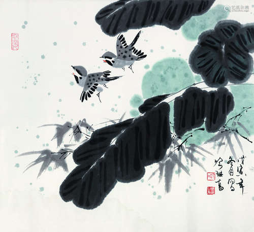 喻继高（b.1932） 1998年作 花鸟 镜框 设色纸本