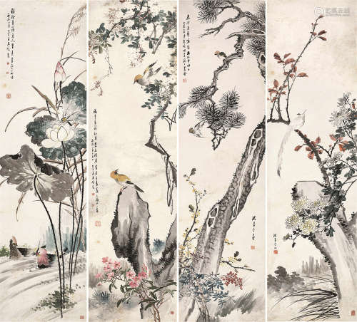 沈一斋（1891～1955） 1918年作；1946年作 四季花鸟 四屏 屏轴 设色纸本
