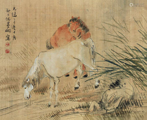 倪田（1855～1919） 1905年作 双马 镜心 设色绢本