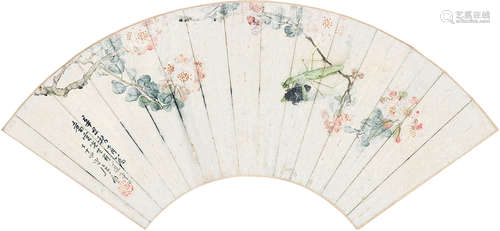 居廉（1828～1904） 1901年作 花卉草虫 扇框 设色纸本