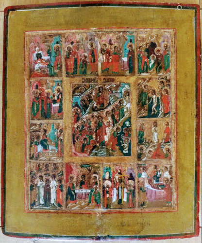 Antique 19c Russian icon of Feasts.