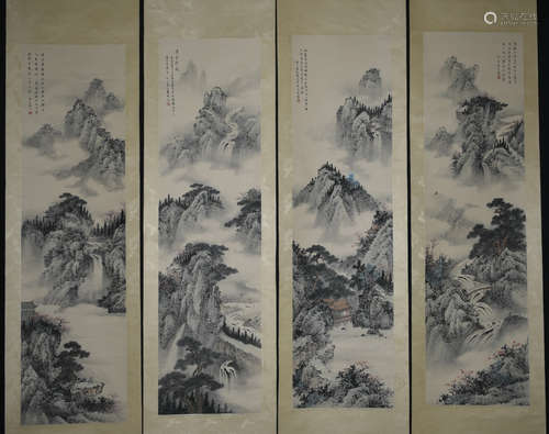 Set Of 4 Chinese Ink/Color Scroll Painting, Signed