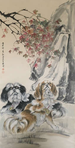 Cheng, Zhang. water color painting of two dogs