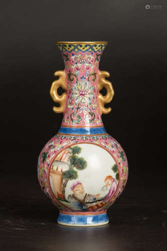 Chinese Qian Long Famille Rose Double Ears Vase