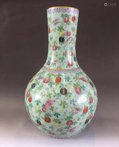 Chinese Bean-Green Glaze Famille Rose Vase