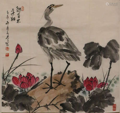 Jiao, KeQun. color painting of crane and lotus