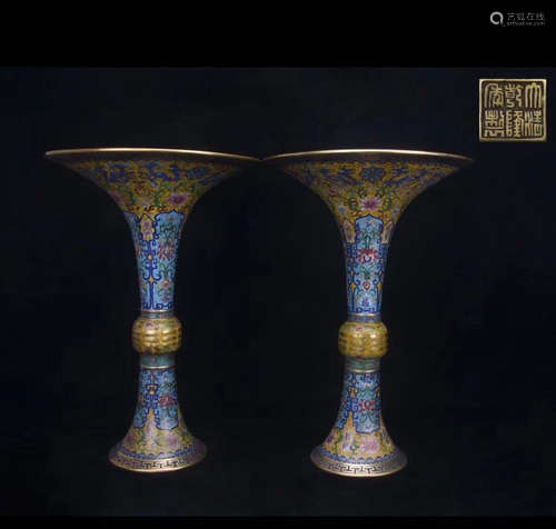 Pair Of Chinese Qian Long Bronze Enamel  Vase