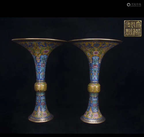 Pair Of Chinese Qian Long Bronze Enamel  Vase