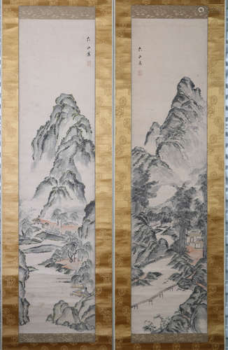 Pair of Chinese Watercolor Painting of Mountains