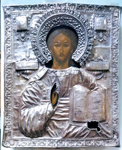 Antique 1ic Russian Icon of Christ with oklad