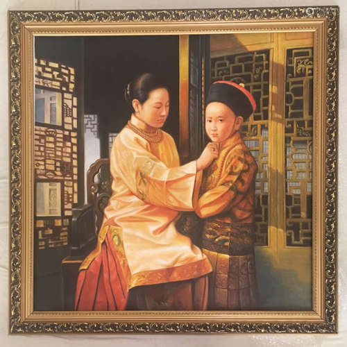 Jiang, GuoFang. Oil painting of mom and son