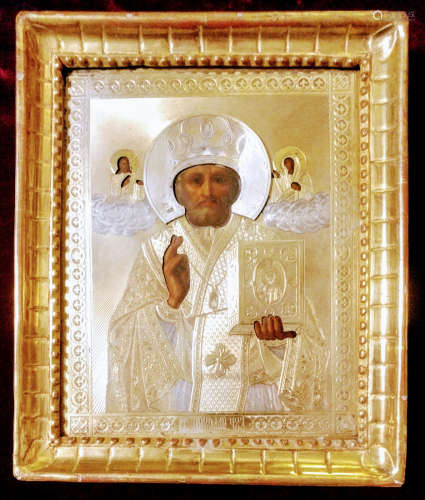 Antique 84 Silver Russian icon of st.Nicholas