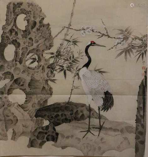 Mo, XiaoSong. color painting of crane and trees