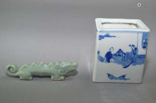 Chinese Blue and White Brush Pot and Pea Glaze Brush Rest