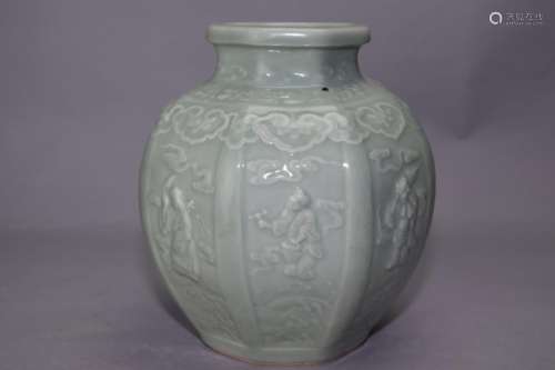 Qing Chinese Pea Glaze Carved Relief Jar
