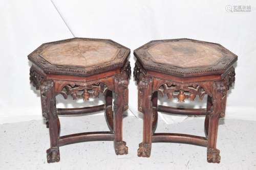 Pair of Qing Chinese Marble Inlaid Hongmu Stands