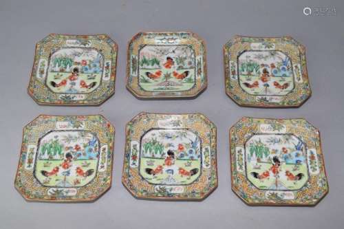 Six Chinese Famille Rose Rooster Saucers