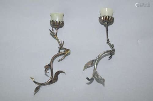 Pair of Qing Chinese Jade Inlaid Silver Candlestic