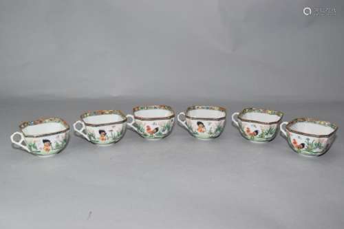 Six Chinese Famille Rose Rooster Cups