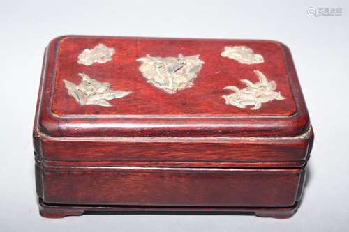 Qing Chinese Silver Amulet Inlaid Hongmu Box