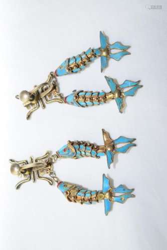 Pair of Qing Chinese Kingfisher Fish Earrings