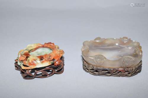 Qing Chinese Agate and Jadeite Carved Brush Washer