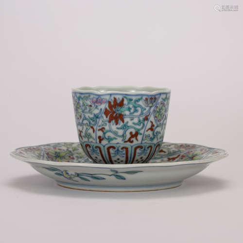 CHINESE DOUCAI PORCELAIN CUP AND SAUCER