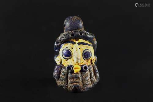 A Colorful Poenicians Bead with Head Carving - Warrior States Dynasty