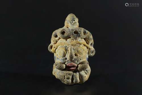 A Colorful Poenicians Bead with Head Carving - Warrior States Dynasty