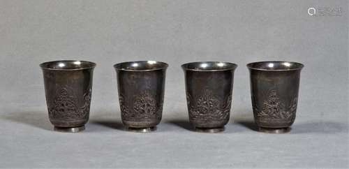 2 Pairs of Sliver Cup with Flowers Carving - Late Qing Dynasty