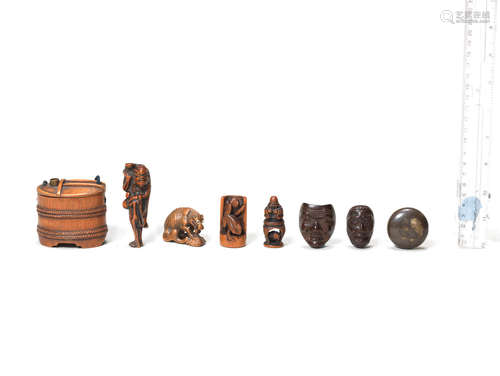 Edo period (1615-1868) or Meiji era (1868-1912), 18th to 19th century A miscellaneous group of ten netsuke, two sagemono, three Shibayama style pieces and one ivory box and cover