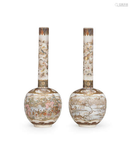 By Yozan, Meiji era (1868-1912), late 19th/early 20th century A pair of tall-necked Satsuma vases