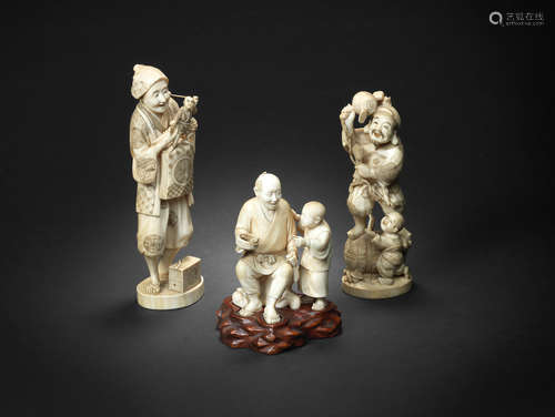 Meiji era (1868-1912), late 19th/early 20th century Three ivory figure okimono