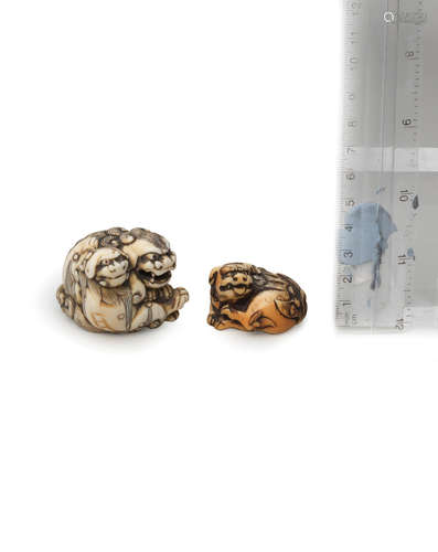 Edo period (1615-1868), 18th century Two ivory netsuke of shishi