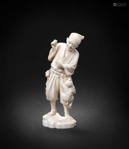 By Ryuho, Meiji era (1868-1912), late 19th/early 20th century An ivory okimono figure of a sarumawashi (monkey trainer)