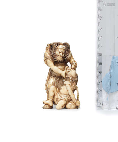 By Chikuyosai Tomochika, Edo period (1615-1858), late 19th century An ivory okimono style netsuke of Shoki and an oni (demon)